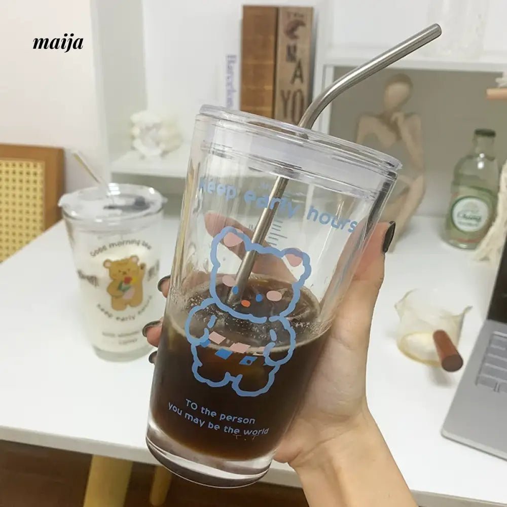 BANKE Coffee Milk Tea Glass Cup with Little Bears